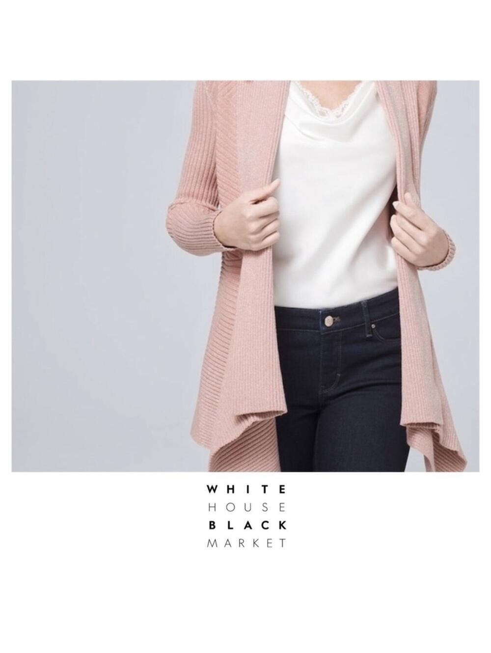 White House Black Market Blush Pink Open Front Metallic Ribbed Cardigan Sweater - Picture 2 of 8